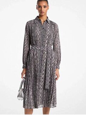 Michael Kors Gray Snakeskin Pleated Belted Shirtdress Women's XS